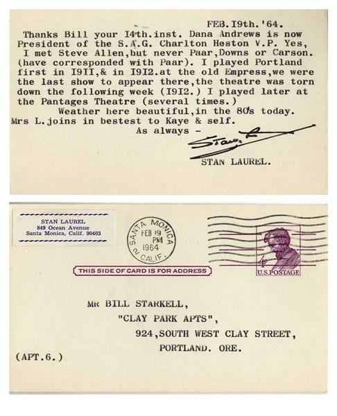 Stan Laurel Letter Signed -- ''...I played Portland first in I9II, & in I9I2. at the old Empress, we were the last show to appear there, the theatre was torn down the following week...''